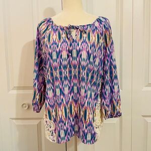 Moa Moa Purple Ikat Print Crochet Long Sleeve Top Large New